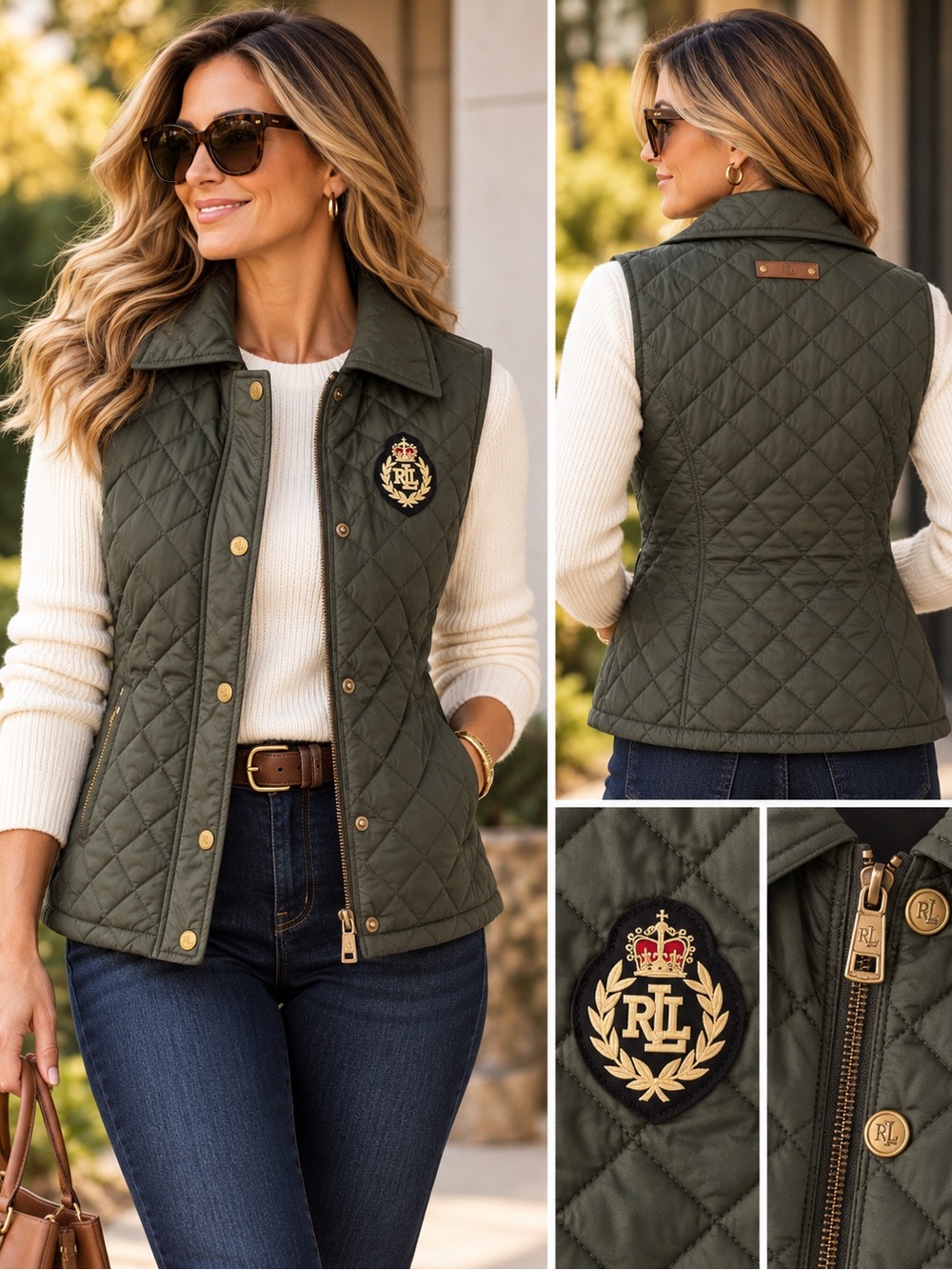Lauren Ralph Lauren Women's Crest-Patch Diamond Quilted Vest Loden SZ M